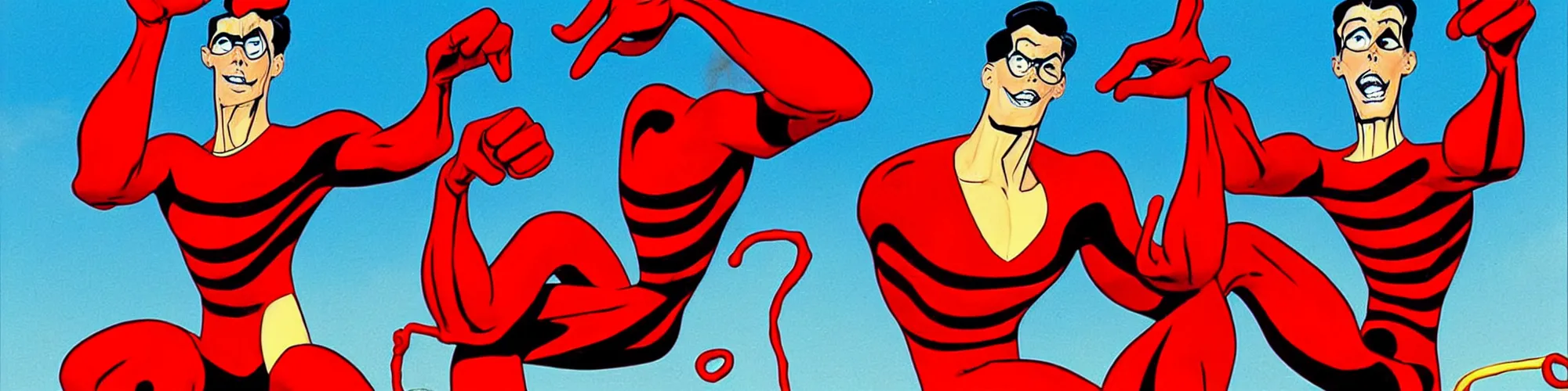 Image similar to plasticman showing off his weird limbs illustrated by todd mcfarlane with very long hands and arms and fingers and legs and feet twirling and twisting around on a very sunny day in another dimension, funny, silly