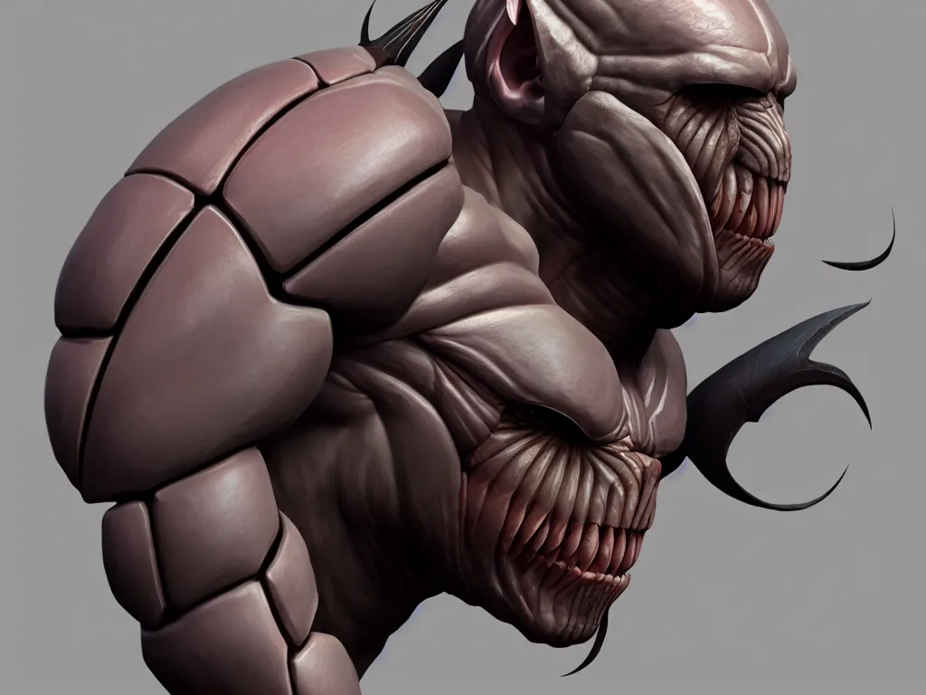 Prompt: game concept art, muscular, isopod head, chiroptera ears, hyperrealism, artstation, cgsociety, zbrush, no background