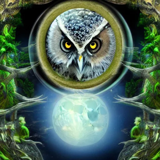 Image similar to A lunar sage with his magical owls looking out into the reflections of all of time 4k photorealism HD surrealism