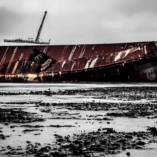 Image similar to crashed cargo ship leaking mysterious black gooey liquid, mysterious black slime, black gooey liquid leaking out of crashed cargo ship, apocalyptic, ruined, container ship, crashed, 8 5 mm f / 1. 4