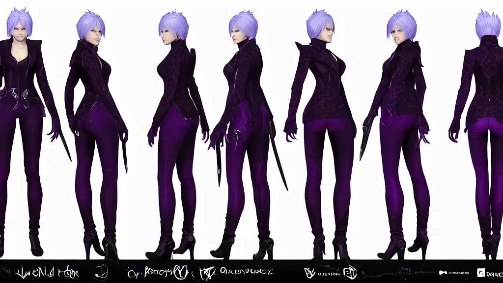 Image similar to devil may cry Vergil's daughter character design sheet, female, purple and black outfit, ghost sword, intricate, trending on artstation