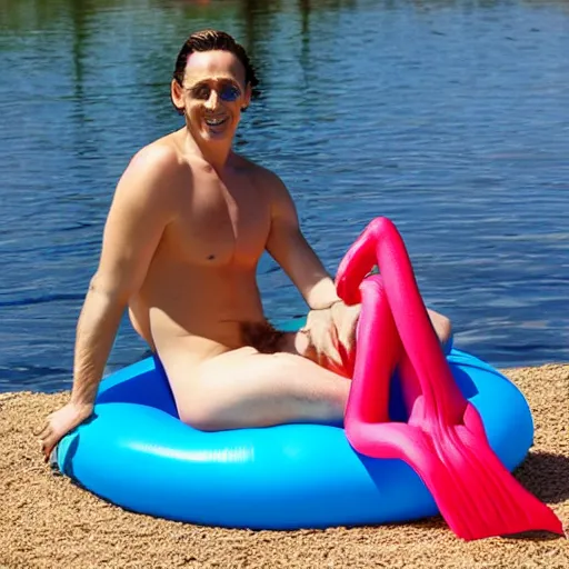 Image similar to Loki sitting on a flamingo pool float in a beautiful lake wearing colorful stockings