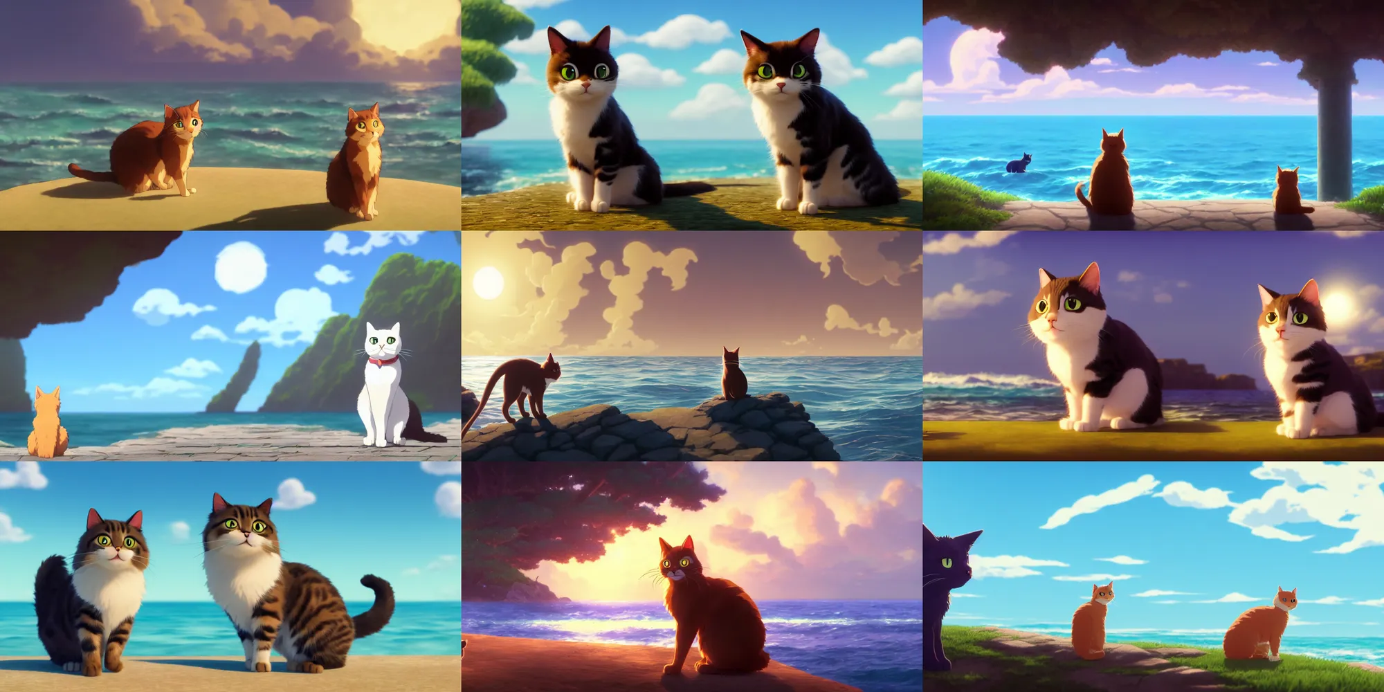 Prompt: a wholesome animation key shot of a cat by the ocean, studio ghibli, pixar and disney animation, sharp, clear sky, rendered in unreal engine 5, anime key art by greg rutkowski, bloom, dramatic lighting
