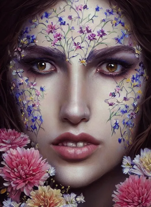 Prompt: a woman with her face painted. face painting of flowers. beautiful highly detailed face. painting by artgerm and greg rutkowski and raymond swanland.