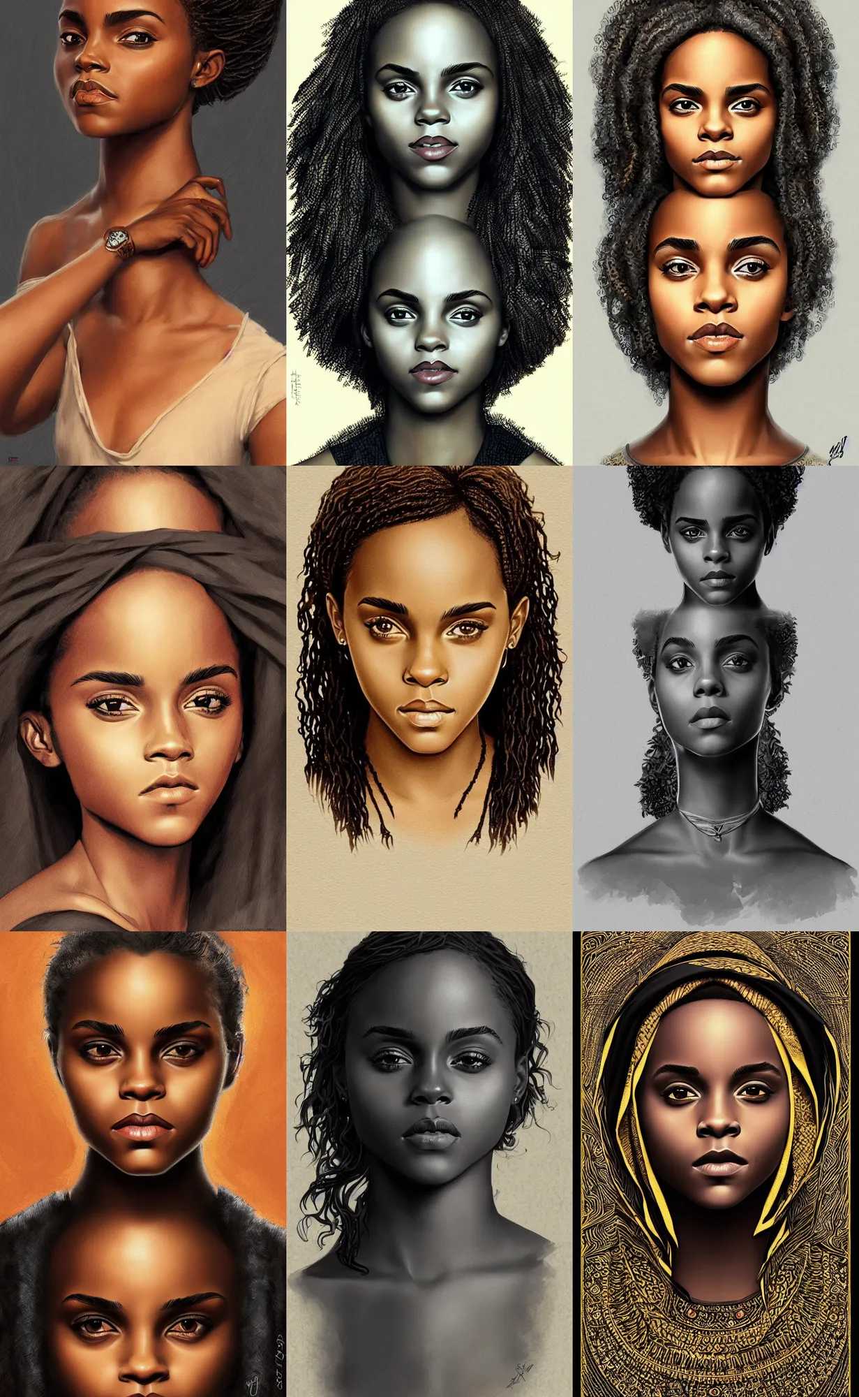 Prompt: black african emma watson, annasophia robb, symmetrical portrait, intricate, highly detailed, artstation, illustration, jurgens, rutkowski, bouguereau
