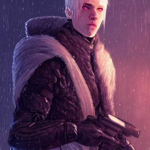 Prompt: portrait of the pale blond MALE soldier Lucius, long curly blond hair, jagged black cyberpunk armor, he is in imperial russian city streets covered in snow, sci fi, night time, ambient lighting, 4k, anime key visual, lois van baarle, ilya kuvshinov, rossdraws, artstation