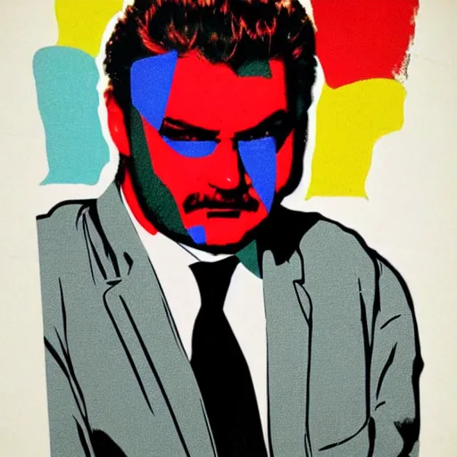 Image similar to robb wells in a suit and tie with a creepy face, a screenprint by warhol, reddit contest winner, antipodeans, hellish, anaglyph filter, hellish background