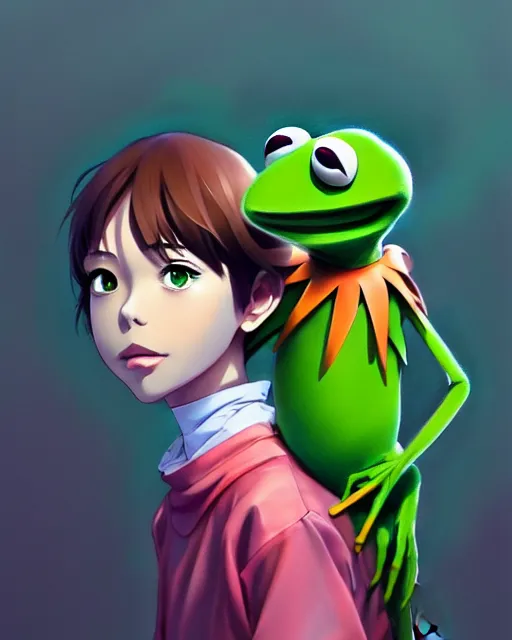 Image similar to kermit the frog, portrait shinkai makoto studio ghibli studio key hideaki anno sakimichan stanley artgerm lau rossdraws james jean marc simonetti elegant highly detailed digital painting artstation pixiv