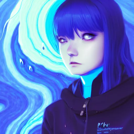 Prompt: blue slime swirling around a pensive rimuru tempest, enveloped in ghosts, sky blue straight hair, bangs, with amber eyes, black jacket, high collar, ultra fine detaile, dark theme, digital painting, psychedelic, cinematic, wlop, pixiv, ilya kuvshinov, ross tran