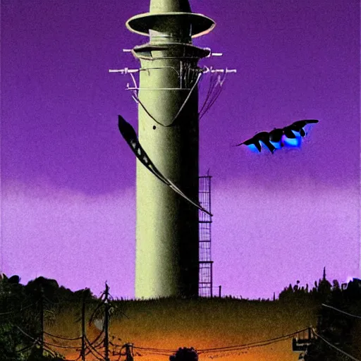 Prompt: artgerm, norman rockwell, abigail larson, purple color pallete, welcome to night vale, radio tower with black hole above it, spooky strange weird quirky