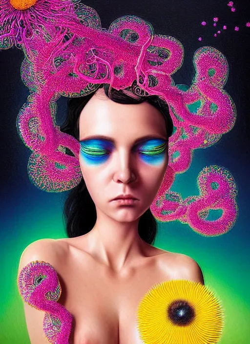Image similar to hyper detailed 3d render like a Oil painting - Ramona Flowers with wavy black hair wearing thick mascara seen out Eating of the Strangling network of colorful yellowcake and aerochrome and milky Fruit and Her staring intensely delicate Hands hold of gossamer polyp blossoms bring iridescent fungal flowers whose spores black the foolish stars by Jacek Yerka, Mariusz Lewandowski, silly face, Houdini algorithmic generative render, Abstract brush strokes, Masterpiece, Edward Hopper and James Gilleard, Zdzislaw Beksinski, Mark Ryden, Wolfgang Lettl, Dan Hiller, hints of Yayoi Kasuma, octane render, 8k