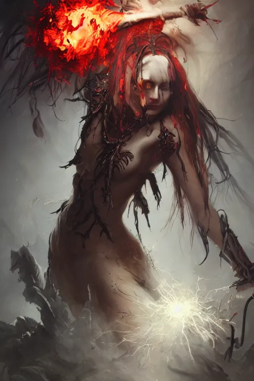 Image similar to beautiful girl necromancer, witch - doctor covered in blood, fallen angel, diablo, 3 d render, hyper - realistic detailed portrait, holding fire and electricity, ruan jia, wlop. scifi, fantasy, magic the gathering, hyper detailed, octane render, concept art, peter mohrbacher