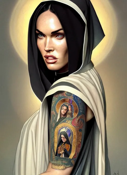 Image similar to portrait of megan fox as a nun with face tattoos, catholic, church, bible, christian, intricate, headshot, highly detailed, digital painting, artstation, concept art, sharp focus, cinematic lighting, illustration, art by artgerm and greg rutkowski, alphonse mucha, cgsociety