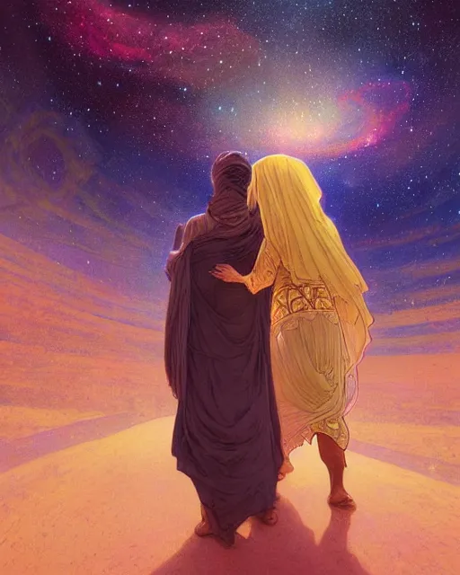 Image similar to bedouin man and woman and child in galaxy walking towards mosque surrounded by nebula, highly detailed, gold filigree, romantic storybook fantasy, soft cinematic lighting, award, disney concept art watercolor illustration by mandy jurgens and alphonse mucha and alena aenami, pastel color palette, featured on artstation