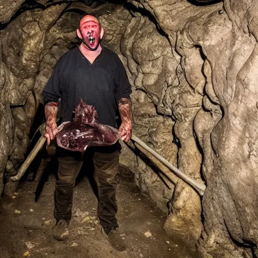 Prompt: big butcher man posing scarily, scary angry pose, fresh kill, bloody, cleaver, earie setting, in a dark cave, horror, hyperdetailed