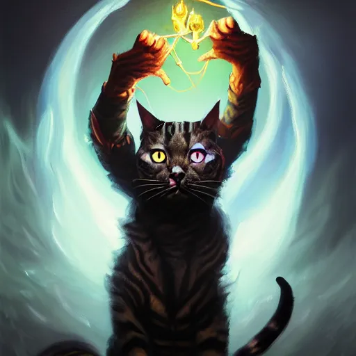 Image similar to Oil Painting of Cat, Anthropomorphized, casting evil spell, magic the gathering artwork, horror, D&D, fantasy, cinematic lighting, centered, symmetrical, highly detailed, digital painting, artstation, concept art, smooth, sharp focus, illustration, volumetric lighting, epic Composition, 8k, art by Akihiko Yoshida and Greg Rutkowski and Craig Mullins, oil painting, cgsociety