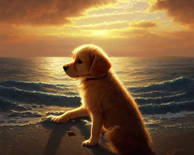 Image similar to a cute puppy with its eyes closed on a very windy day, at the sea,, wind blowing through its fur, highly detailed, hyperrealistic, intricate, sunset in the background, rays of golden red sunlight, oil painting by greg rutkowski and artgerm and wlop