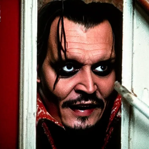 Image similar to Johnny Depp as Jack Torrance in Shining looking through the hole in the broken door