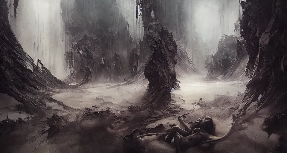 Prompt: a place where lost souls gather, melancholic, dramatic, emotional, cinematic, masterpiece by ruan jia, beksinski, caravaggio, jakub rebelka, android jones