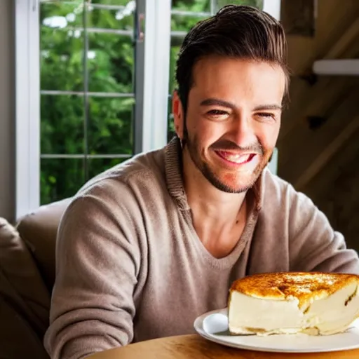 Prompt: a man is happy by siting on a camembert