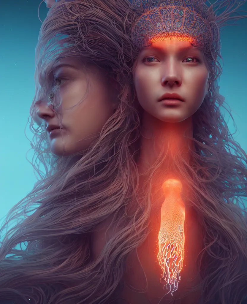 Image similar to goddess portrait. jellyfish phoenix head. intricate artwork by Tooth Wu and wlop and beeple. octane render, trending on artstation, greg rutkowski very coherent symmetrical artwork. cinematic, hyper realism, high detail, octane render, 8k