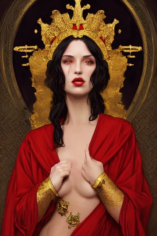 Image similar to Portrait of historically accurate, ancient biblical, sultry, sneering, evil, pagan, wicked, young queen jezebel, wearing gilded red robes, long black hair, intricate, elegant, highly detailed, digital painting, artstation, concept art, smooth, sharp focus, illustration, art by artgerm and greg rutkowski and alphonse mucha and andrei riabovitchev