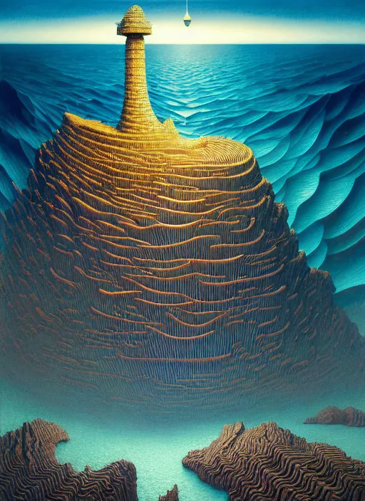 Image similar to hyper detailed 3d render like a Oil painting - the blue sea by Jacek Yerka, Mariusz Lewandowski, Houdini algorithmic generative render, Abstract brush strokes, Masterpiece, Edward Hopper and James Gilleard, Zdzislaw Beksinski, Mark Ryden, Wolfgang Lettl, hints of Yayoi Kasuma, octane render, 8k