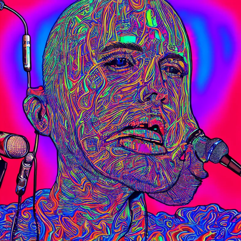 Image similar to rapping on stage at festival, holding microphone, giant crowd, epic pose, profile view, psychedelic hip hop, surreal, neon, vaporwave, detailed, illustrated by Alex Grey, 4k