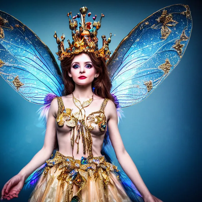 Image similar to photo of a very beautiful!! fairy queen with ornate sparkling robes, highly detailed, 4 k, hdr, smooth, sharp focus, high resolution, award - winning photo