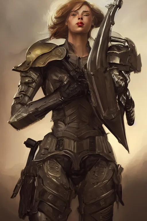 Image similar to a professional portrait of an attractive young woman, clothed in military-style battle armor, olive skin, long dark hair, beautiful bone structure, symmetrical facial features, intricate, elegant, digital painting, trending on Artstation, concept art, smooth, sharp focus, illustration, finely detailed, from Metal Gear by Ruan Jia and Mandy Jurgens and Artgerm and William-Adolphe Bouguerea, award winning