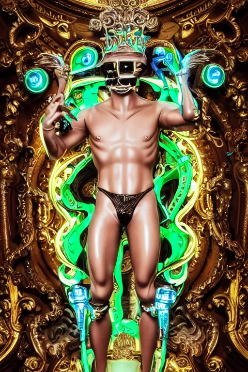 Image similar to full-body neon porcelain bladerunner and rococo style sculpture of a young handsome Cuban prince wearing cholo shades as a half android with a porcelain chest opening exposing circuitry and electric sparks, glowing laser beam eyes, crown of giant diamonds, flowing neon-colored silk, fabric, raptors. baroque elements. full-length view. baroque element. intricate artwork by caravaggio. many many birds birds on background. Trending on artstation, octane render, cinematic lighting from the right, hyper realism, octane render, 8k, depth of field, 3D