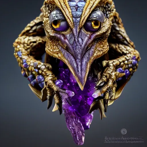 Image similar to zergling skeksis from the dark crystal wearing golden talismans and amethyst crystals. dark undertones. diffuse volumetric lighting.