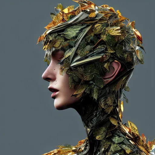 Image similar to a highly detailed digital image of a futuristic elegant woman wrapped with leaves, artstation, extremely detailed woman, stunning volumetric lighting, 4k,