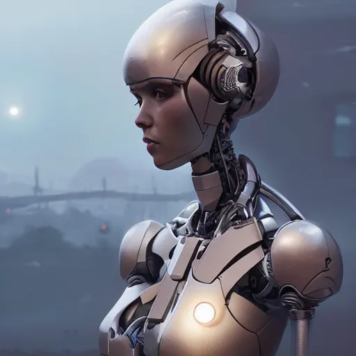 Image similar to humanoid female robot with a visible heart, concept art, highly detailed, great cinematic lighting, 8 k, depth of field, 3 d, art by greg rutkowski, trending on artstation, cinematographic shot