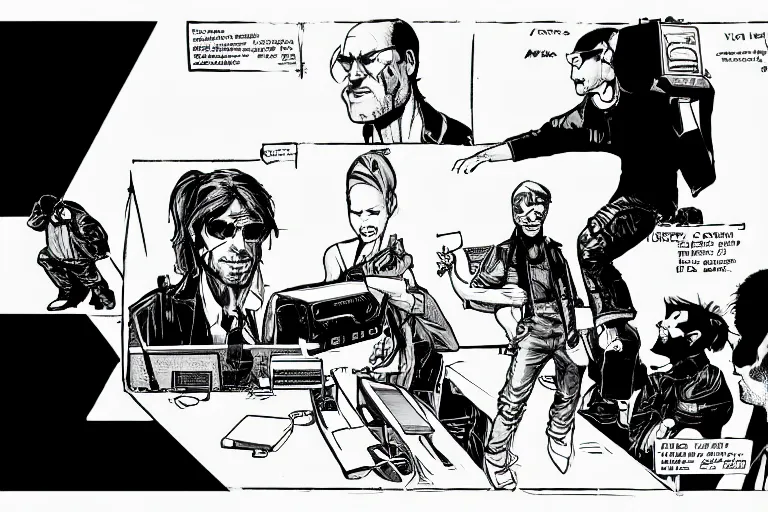 Image similar to steve jobs presenting the imac, a page from cyberpunk 2 0 2 0, style of paolo parente, style of mike jackson, adam smasher, johnny silverhand, 1 9 9 0 s comic book style, white background, ink drawing, black and white