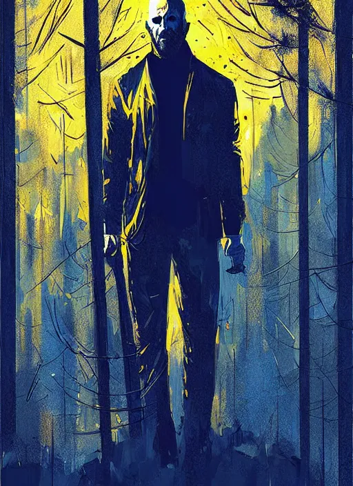 Image similar to horror art, jason statham vampire hunter, blue and gold trees in the background, art by ismail inceoglu