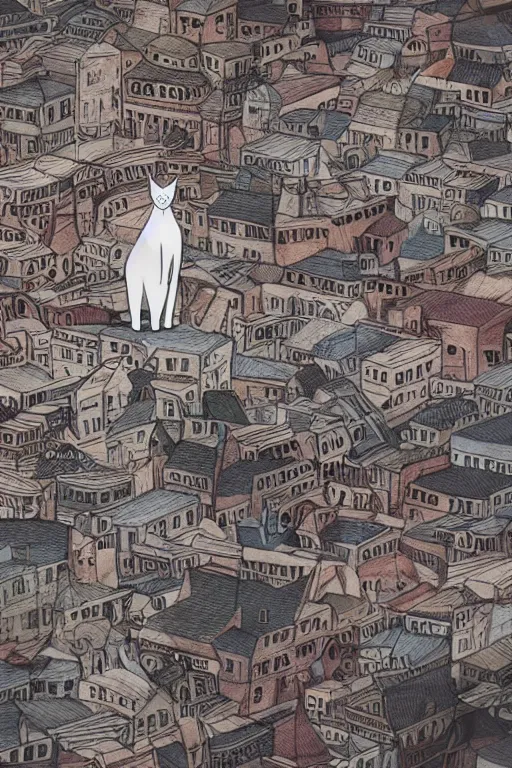 Prompt: a anthropomorphic cat in a cats city from the top of a roof