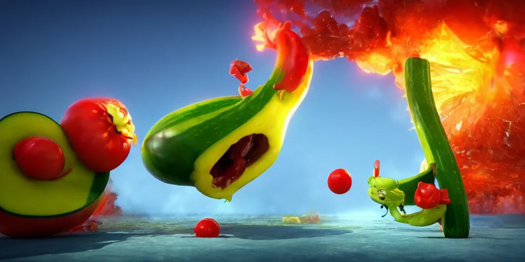 Image similar to detailed 3 d render of a raging zucchini!! character chasing!! down a desperate tomato!, high speed action, explosions, dramatic scene, hyper realistic octane render, cinematic lighting, deviantart, pop - surrealism, lowbrow, frame from disney pixar movie