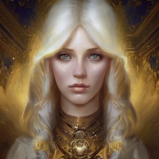 Image similar to a french lady with blonde hair and a beautiful face in a fantasy versailles, symmetric face, hyperrealism, epic fantasy digital art, fantasy style art, by Greg Rutkowski, fantasy magic the gathering card art style