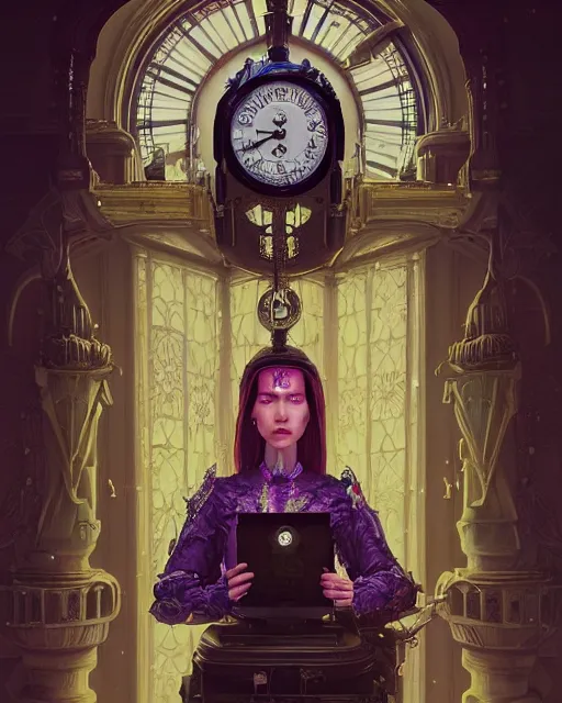 Image similar to highly detailed surreal vfx portrait of a cyberpunk queen in a majestic castle by grandfather clock, stephen bliss, unreal engine, greg rutkowski, loish, rhads, beeple, makoto shinkai and lois van baarle, ilya kuvshinov, rossdraws, tom bagshaw, alphonse mucha, global illumination, detailed and intricate environment