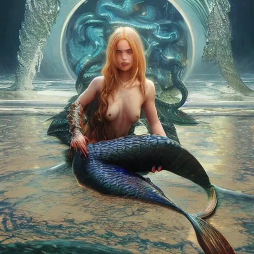 Image similar to a mermaid stuck in a giant puddle of motor oil, ultra realistic, concept art, intricate details, highly detailed, photorealistic, octane render, 8 k, unreal engine. art by artgerm and greg rutkowski and magali villeneuve and alphonse mucha