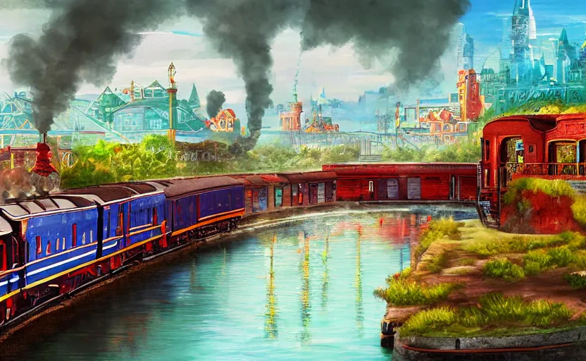 Image similar to A steam locomotive rides along of a waterway on a fantasy city. Fantasy and concept art, colorful digital painting.