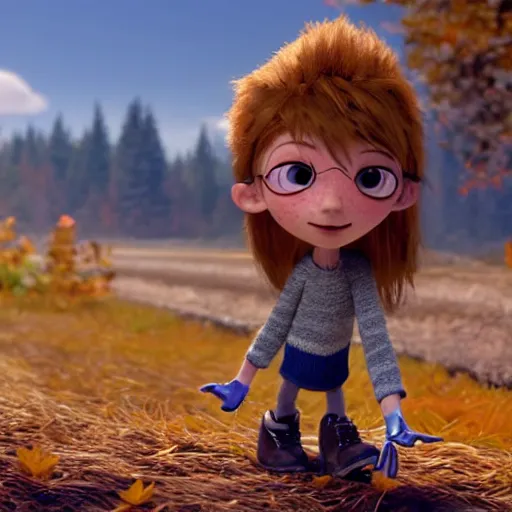 Image similar to a cute stopmotion animation character, a beautiful canadian woman, gardening, very attractive, spiky dark brown and grey hair, striped sweater, tight denim jeans, maroon doc marten boots, canadian maple leaves blowing about, mountains, autumn, unreal engine 5, 8 k, kubo and the two strings, disney, pixar,