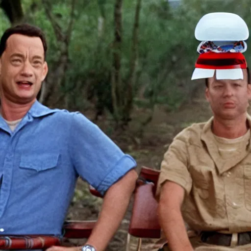 Image similar to Tom Hanks as forrest gump has giant shrimp heads instead of hands, hyper realistic, 8k resolution, amazing detail