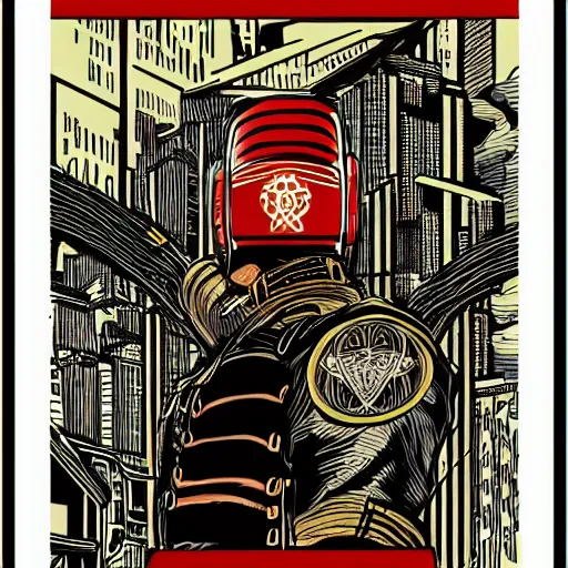 Image similar to Illustrated by Shepard Fairey and H.R. Geiger | Cyberpunk Samurai with VR helmet, surrounded by cables