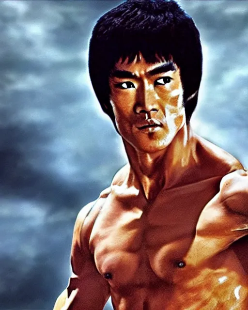 Prompt: bruce lee as kenshiro in live action fist of northstar movie, a bright glow surrounds his body, particle effects, hyperreal, post apocalyptic, mutants, martial arts, cinematic