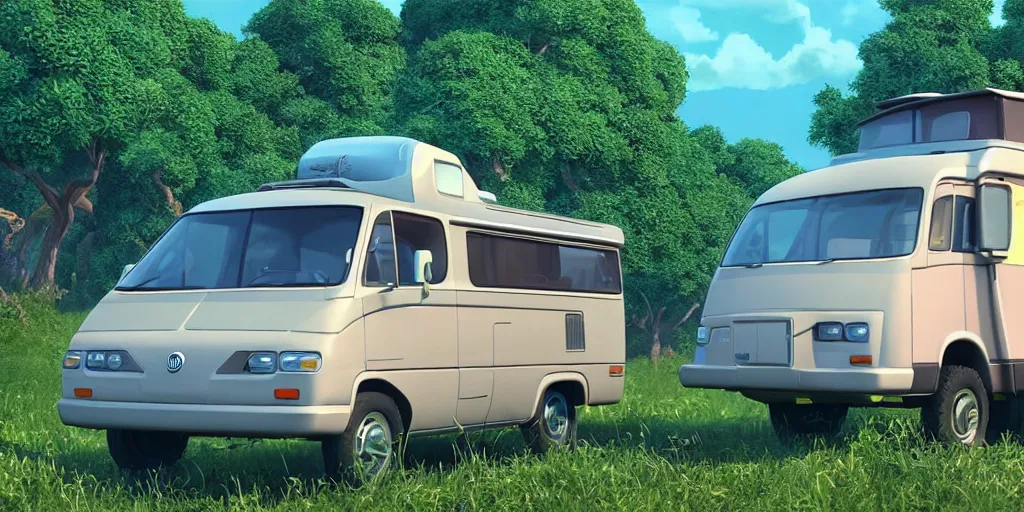 Image similar to a wholesome animation key shot of one!! focused!! 1 9 9 4 fiat hymer motorhome!! in the! romanian countryside!, medium shot, studio ghibli, ( pixar ) and disney animation, sharp, very detailed, high resolution, rendered in unreal engine 5, anime key art by greg rutkowski, bloom, dramatic lighting