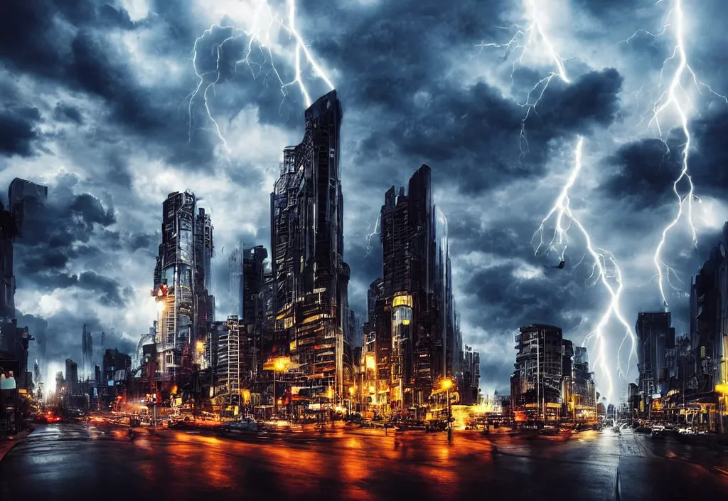 Image similar to futuristic cityscapes at rainy day, cinematic lightning, dramatic, clouds, sky, the time of day is dusk, highly detailed, professional award winning photograph,