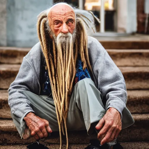 Image similar to elderly man with spaghetti dreadlocks, canon eos r 3, f / 1. 4, iso 2 0 0, 1 / 1 6 0 s, 8 k, raw, unedited, symmetrical balance, wide angle