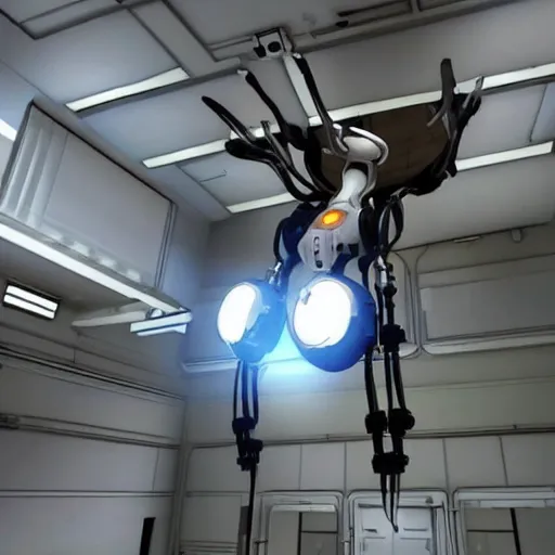 Prompt: glados female robot from portal 2 hanging from ceiling